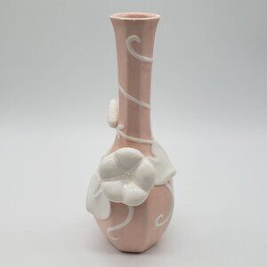 Fitz & Floyd 1982 Ceramic Peach Pink Pastel 3D White Applied Florals Bud Vase
